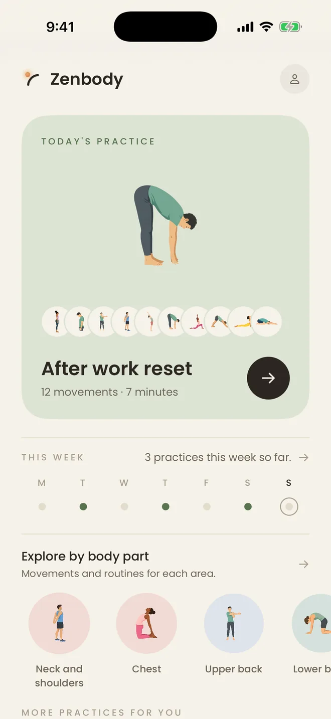 The Zenbody home screen, with today's practice ready